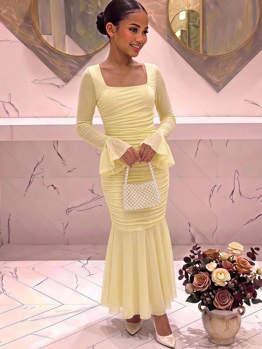 SHEIN Tween女孩優雅時尚百搭日常網紗收腰方領抓褶精緻交叉前襟魚尾下擺開衩純色長袖荷葉邊修身貼身禮服晚禮服,適用儀式派對及所有場合,新款淡黃色 - 黃色 - 查看 1