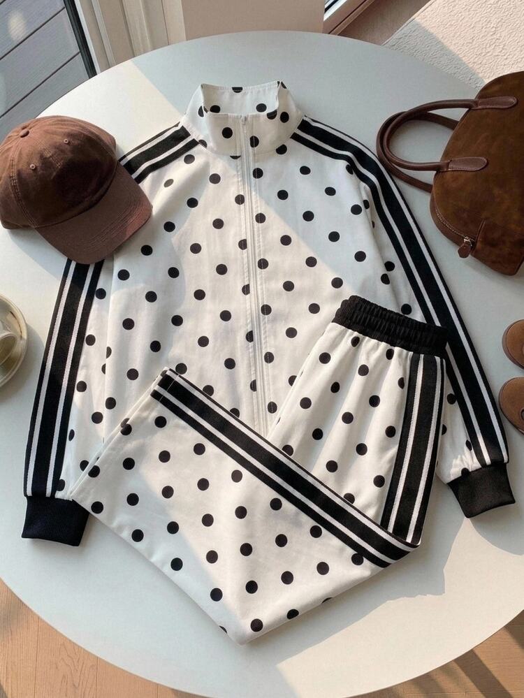 SHEIN KIDS Tween Girls Black White Cute Polka Dot Side Stripe Stand Collar Pocket Loose Woven Jacket And Pants 2Pcs Set Spring Fall - Black and White - View 4