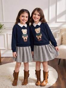 SHEIN Tween Girl Knitted Cute Kids Cartoon Bear Pattern Collared Patchwork Woven Plaid Hem Casual Dress - Multicolor - View 3