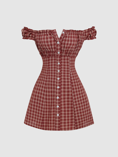 Sweetra Casual Fashion Slim-Fit Plaid Off Shoulder Mini Dress For Women