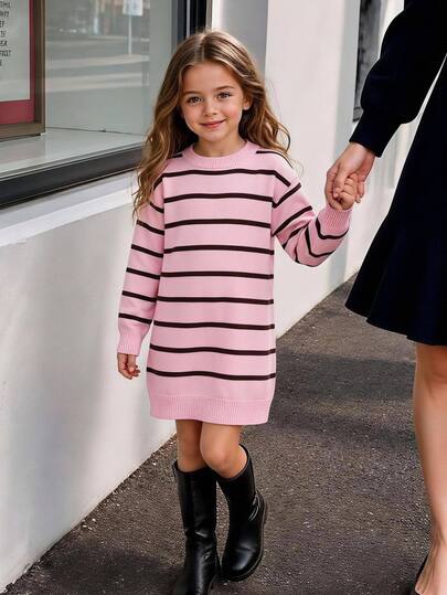 SHEIN Girls' Casual Ombre Striped Dress,Versatile White Sweater Dress For School,Back-To-School Autumn Fashion Fall Winter Everyday Wear For Young Girl