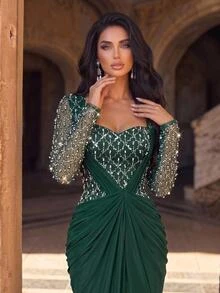 Glamrae Elegant Luxurious Beaded Sequined Embroidered Patchwork Elastic Knit Mesh Chiffon Ruched Sexy Slit Mermaid Skirt, Suitable For Wedding, Single Party, Vacation, Ball, Holiday Party, Music Festival, Graduation Season - Green - View 4