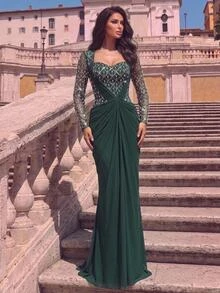 Glamrae Elegant Luxurious Beaded Sequined Embroidered Patchwork Elastic Knit Mesh Chiffon Ruched Sexy Slit Mermaid Skirt, Suitable For Wedding, Single Party, Vacation, Ball, Holiday Party, Music Festival, Graduation Season - Green - View 1