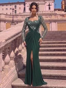 Glamrae Elegant Luxurious Beaded Sequined Embroidered Patchwork Elastic Knit Mesh Chiffon Ruched Sexy Slit Mermaid Skirt, Suitable For Wedding, Single Party, Vacation, Ball, Holiday Party, Music Festival, Graduation Season - Green - View 7