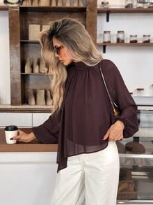 Easowa Solid Mock Neck Lantern Sleeve Asymmetrical Hem Blouse - Chocolate Brown - View 3