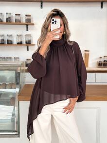 Easowa Solid Mock Neck Lantern Sleeve Asymmetrical Hem Blouse - Chocolate Brown - View 2