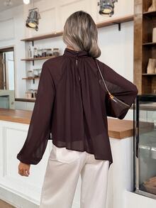 Easowa Solid Mock Neck Lantern Sleeve Asymmetrical Hem Blouse - Chocolate Brown - View 7