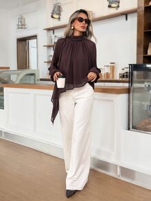 Easowa Solid Mock Neck Lantern Sleeve Asymmetrical Hem Blouse - Chocolate Brown - View 4