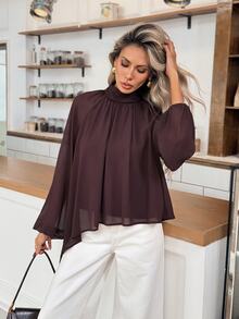 Easowa Solid Mock Neck Lantern Sleeve Asymmetrical Hem Blouse - Chocolate Brown - View 5
