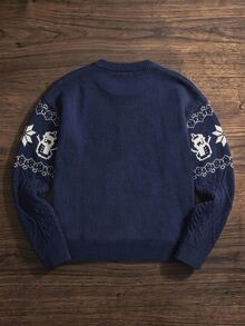 Manfinity Homme Men's Geometric Pattern Button Design Long Sleeve Casual Sweater , Christmas, Old Money - Royal Blue - View 2