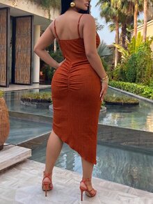 Zivah Plus Size Women Solid Color Ruched Slit Design Elegant Sexy Waist Gathering Party Date Night Formal Vacation Slip Dress Brown Summer - Brown - View 3