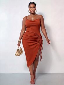 Zivah Plus Size Women Solid Color Ruched Slit Design Elegant Sexy Waist Gathering Party Date Night Formal Vacation Slip Dress Brown Summer - Brown - View 2
