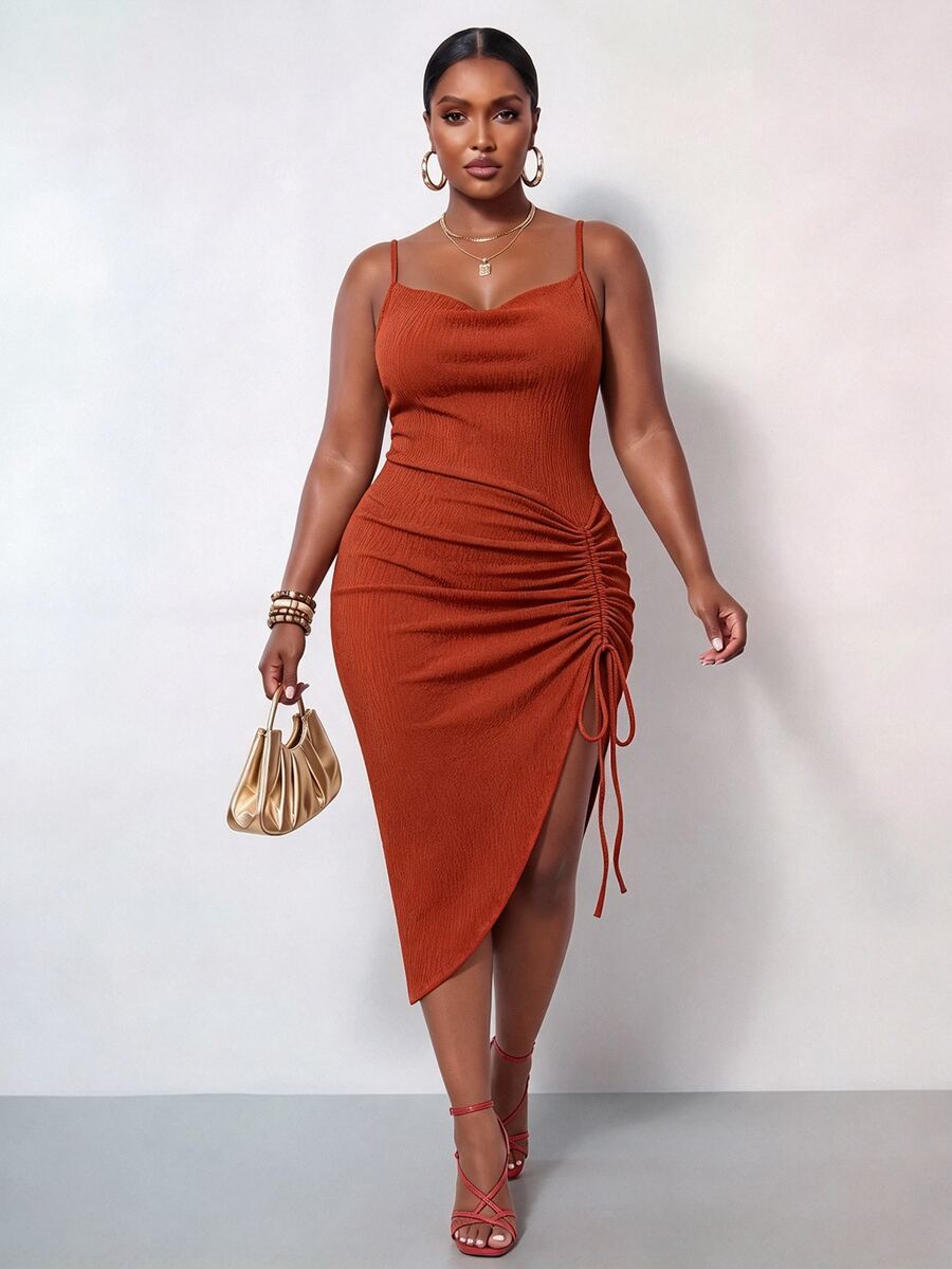 Zivah Plus Size Women Solid Color Ruched Slit Design Elegant Sexy Waist Gathering Party Date Night Formal Vacation Slip Dress Brown Summer