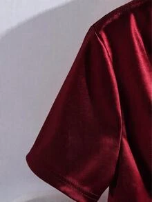 SHEIN 女士不对称领口T恤，女士针织罗纹弹力修身T恤 - 酒紅色 - 查看 4