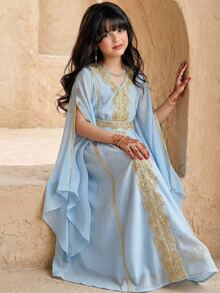 SHEIN جلابياتjalabiya Tween Girl Party Banquet Slit Long Sleeve Patchwork Applique Waist Dress فستان دانتيل - Blue - View 1
