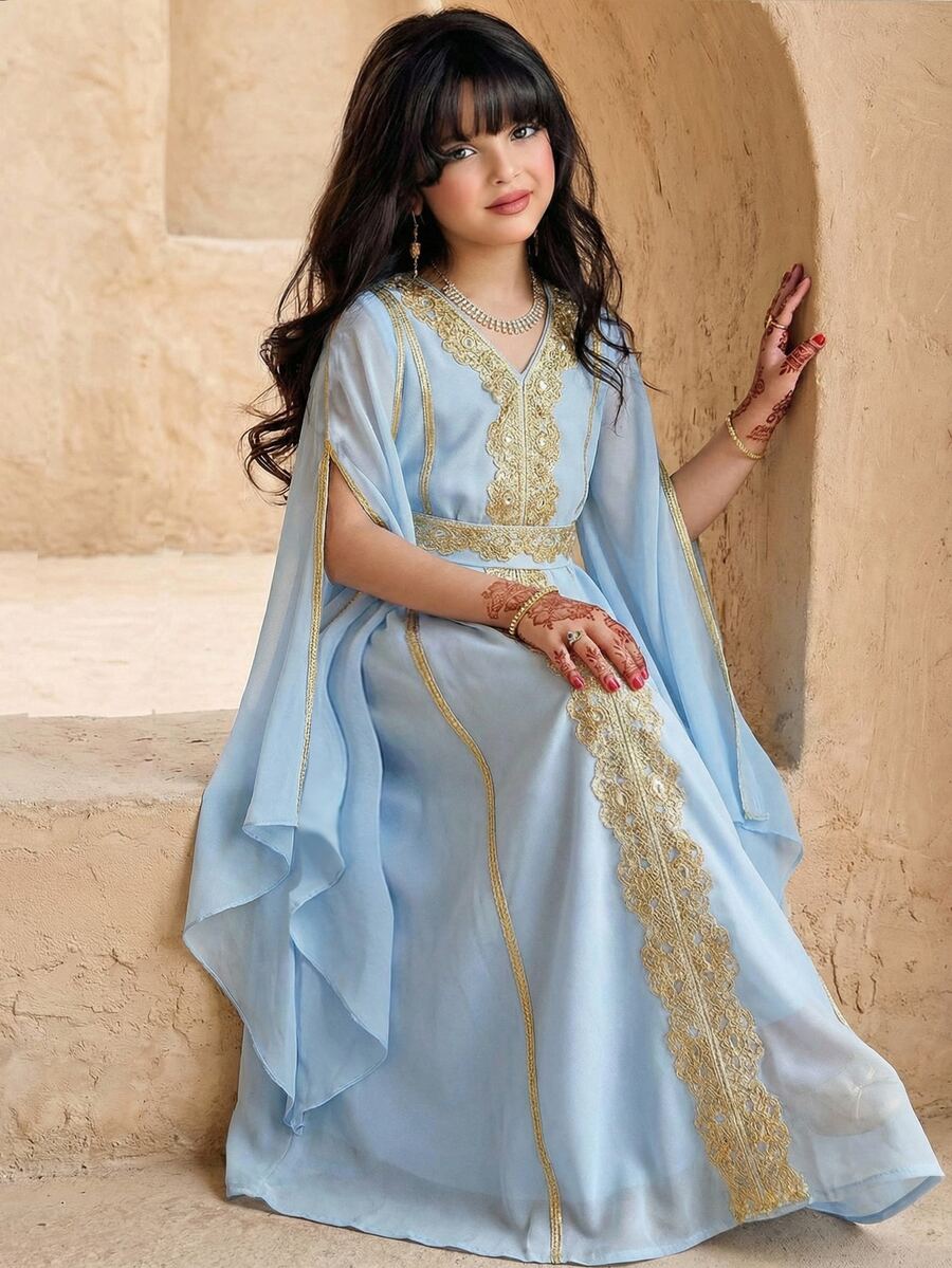 SHEIN جلابياتjalabiya Tween Girl Party Banquet Slit Long Sleeve Patchwork Applique Waist Dress فستان دانتيل - Blue - View 1