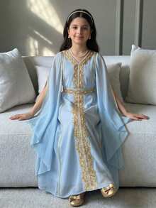 SHEIN جلابياتjalabiya Tween Girl Party Banquet Slit Long Sleeve Patchwork Applique Waist Dress فستان دانتيل - Blue - View 2