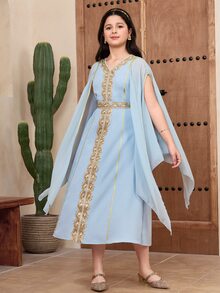 SHEIN جلابياتjalabiya Tween Girl Party Banquet Slit Long Sleeve Patchwork Applique Waist Dress فستان دانتيل - Blue - View 4
