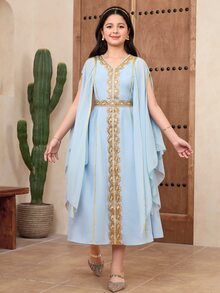 SHEIN جلابياتjalabiya Tween Girl Party Banquet Slit Long Sleeve Patchwork Applique Waist Dress فستان دانتيل - Blue - View 3