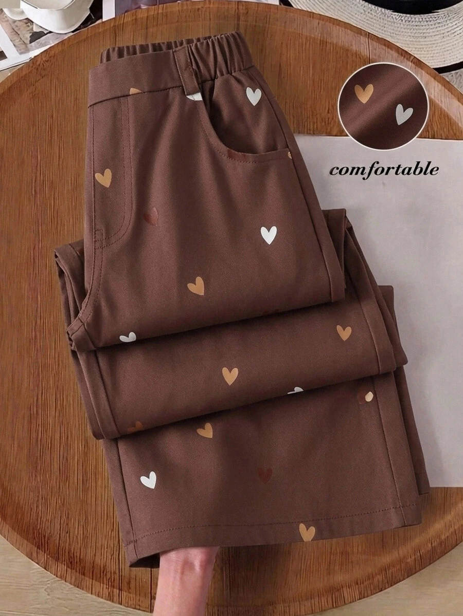 Young Girl Heart Print Kids Pocket Long Pants For Daily Wear - Multicolor - View 1