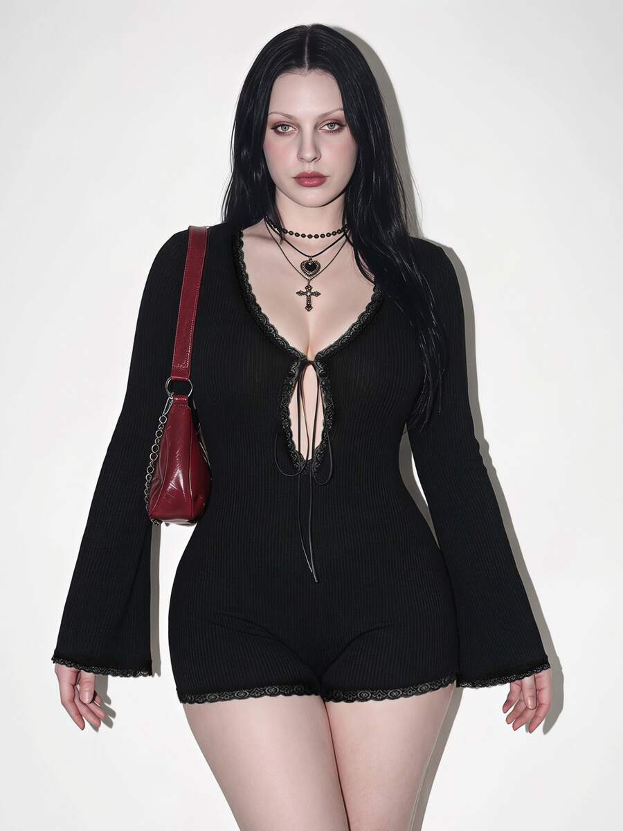 SHEIN ICON Women's Plus Size Autumn/Winter Black Goth Night Out Club Y2K Front Hollow-Out Lace Patchwork Flared Long Sleeve Knit Ribbed Slim Fit Jumpsuit Fall