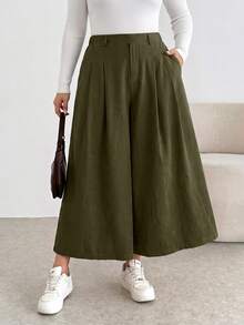 Shapeblank Women's Plus-Size Summer Casual Baggy Loose Olive Green Elastic-Waist Wide-Leg Culottes (Cropped Length) Office Brunch - Army Green - View 3