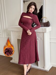 Feyla Vestido midi elegante de unicolor con diseño de recortes y lazo delantero para mujer - Burdeos - Ver 1