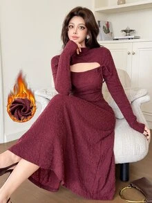 Feyla Vestido midi elegante de unicolor con diseño de recortes y lazo delantero para mujer - Burdeos - Ver 2