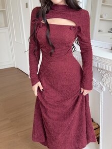 Feyla Vestido midi elegante de unicolor con diseño de recortes y lazo delantero para mujer - Burdeos - Ver 4