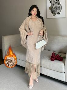 Feyla Women's Solid Color Patchwork Faux Fur Batwing Sleeve Loose Jacket And Tassel Hem Dress Elegant 2 Pieces Set - Khaki - View 1