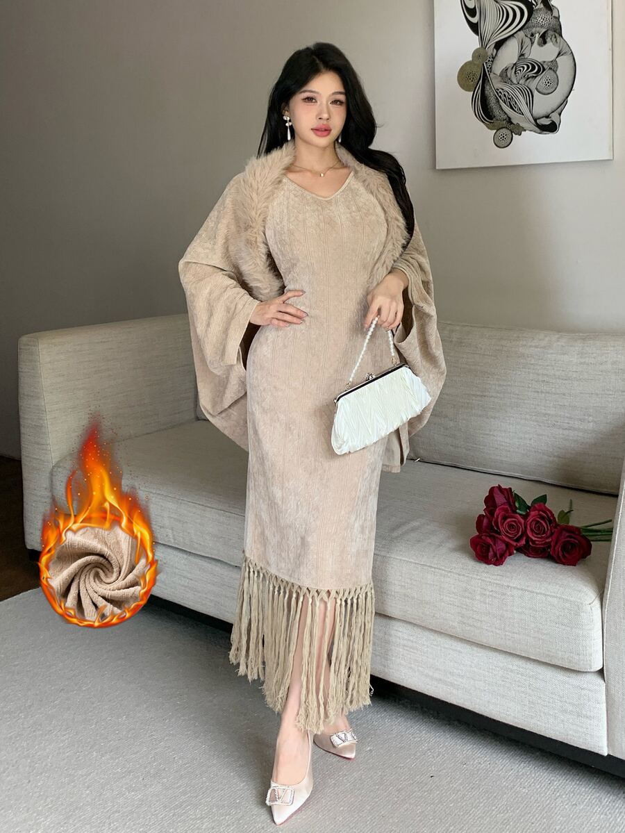 Feyla Women's Solid Color Patchwork Faux Fur Batwing Sleeve Loose Jacket And Tassel Hem Dress Elegant 2 Pieces Set - Khaki - View 1