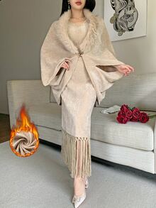 Feyla Women's Solid Color Patchwork Faux Fur Batwing Sleeve Loose Jacket And Tassel Hem Dress Elegant 2 Pieces Set - Khaki - View 2