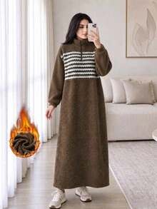 Solavon Women's 1/4 Zip Front Sweatshirt Everyday Home Brown Striped Modest Autumn/Winter Plush Fabric - Brown - View 2
