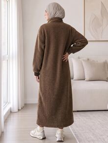 Solavon Women's 1/4 Zip Front Sweatshirt Everyday Home Brown Striped Modest Autumn/Winter Plush Fabric - Brown - View 6