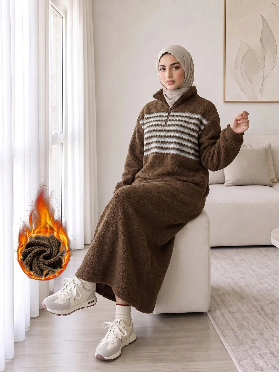 Solavon Women's 1/4 Zip Front Sweatshirt Everyday Home Brown Striped Modest Autumn/Winter Plush Fabric - Brown - View 1