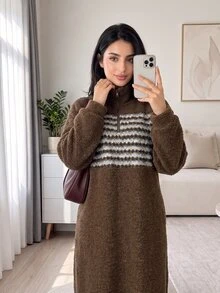 Solavon Women's 1/4 Zip Front Sweatshirt Everyday Home Brown Striped Modest Autumn/Winter Plush Fabric - Brown - View 5
