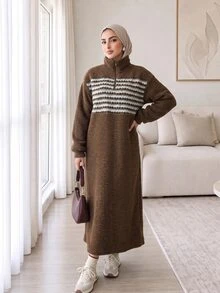 Solavon Women's 1/4 Zip Front Sweatshirt Everyday Home Brown Striped Modest Autumn/Winter Plush Fabric - Brown - View 3