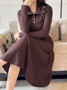 Feyla Women's Polo Collar Textured Long Sleeve Elegant Midi Dress Brunch Dark Brown Fall - Coffee Brown - View 4