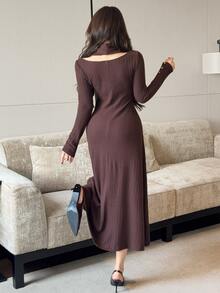 Feyla Women's Polo Collar Textured Long Sleeve Elegant Midi Dress Brunch Dark Brown Fall - Coffee Brown - View 6