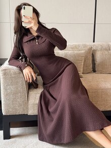 Feyla Women's Polo Collar Textured Long Sleeve Elegant Midi Dress Brunch Dark Brown Fall - Coffee Brown - View 2