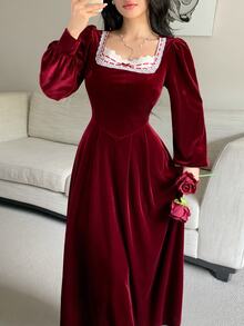 Feyla Women's Elegant French Vintage Sweet Lace Patchwork Bowknot Strap Velvet Dress Christmas Dinner Formal Burgundy Fall - Burgundy - View 3