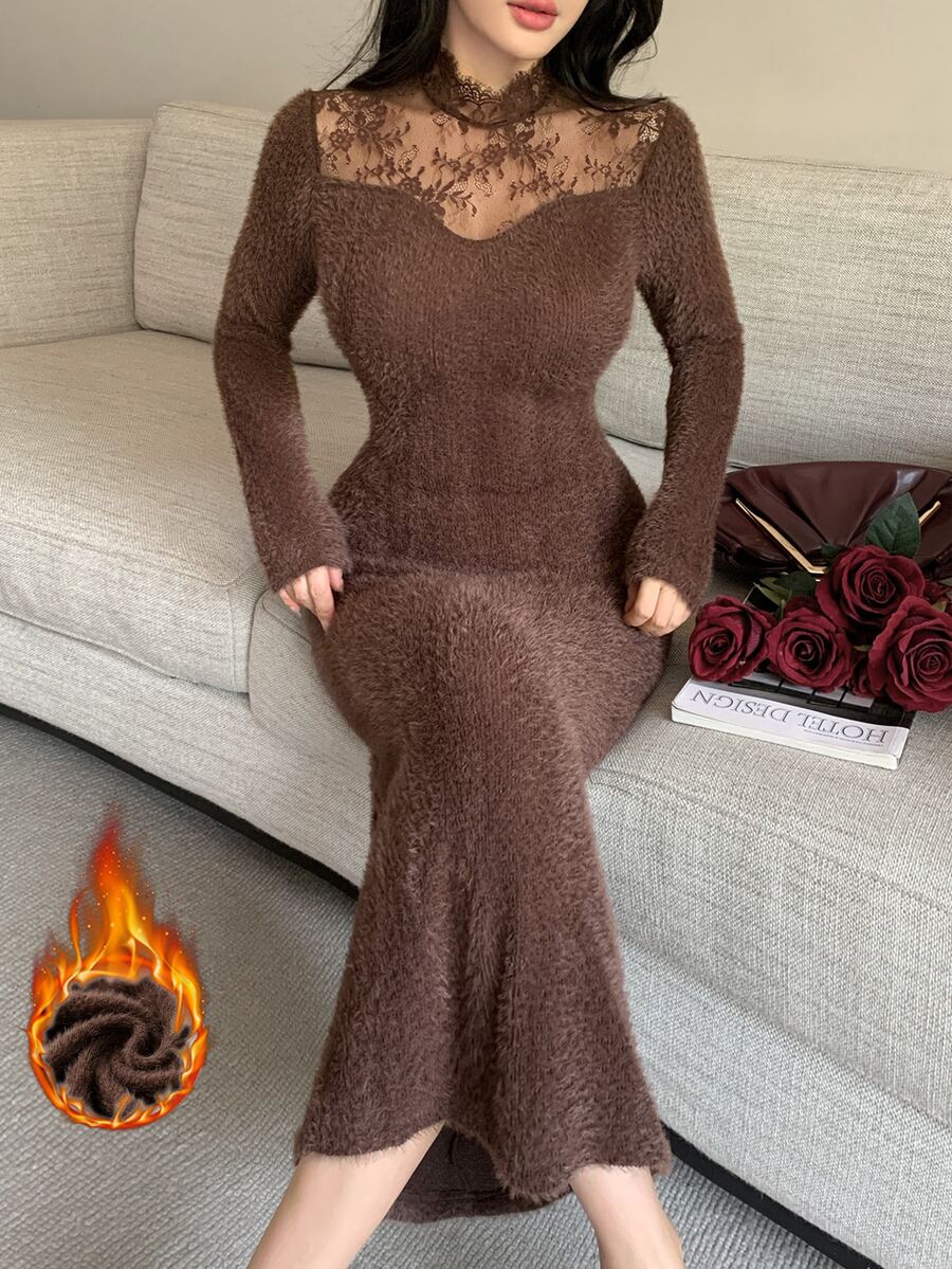 Feyla Women's Sweet Lace Patchwork Long Sleeve Mermaid Dress - Coffee Brown - View 1