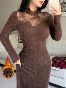 Feyla Women's Sweet Lace Patchwork Long Sleeve Mermaid Dress - Coffee Brown - View 2