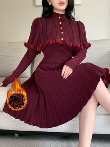 Feyla Women's Ribbed Long Sleeve Sweater Dress With Button Cropped Cardigan 2 Pieces Set - Burgundy - View 2