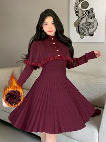 Feyla Women's Ribbed Long Sleeve Sweater Dress With Button Cropped Cardigan 2 Pieces Set - Burgundy - View 1