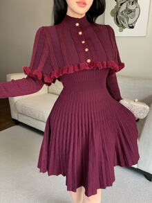 Feyla Women's Ribbed Long Sleeve Sweater Dress With Button Cropped Cardigan 2 Pieces Set - Burgundy - View 3