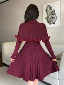 Feyla Women's Ribbed Long Sleeve Sweater Dress With Button Cropped Cardigan 2 Pieces Set - Burgundy - View 6