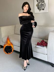 Feyla Women's Velvet Elegant Rhinestone Chain Sexy Cold Shoulder Dress Dinner Cocktail Black Fall - Black - View 2