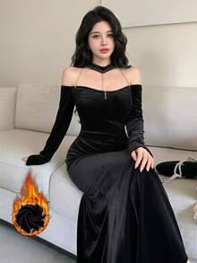 Feyla Women's Velvet Elegant Rhinestone Chain Sexy Cold Shoulder Dress Dinner Cocktail Black Fall - Black - View 1