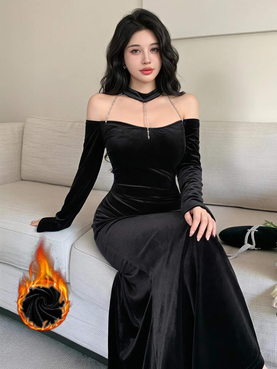 Feyla Women's Velvet Elegant Rhinestone Chain Sexy Cold Shoulder Dress Dinner Cocktail Black Fall - Black - View 1